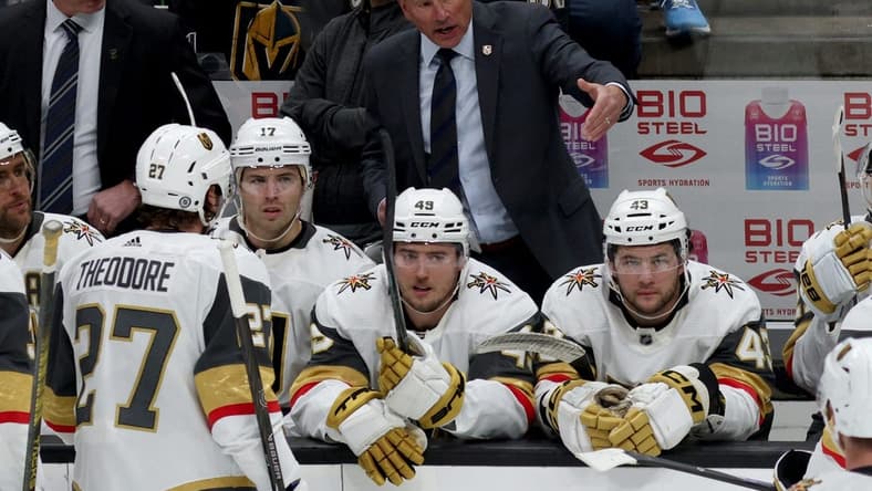 Nov 5, 2023; Anaheim, California, USA; Vegas Golden Knights head coach Bruce Cassidy talks to his team during the second period against the Anaheim Ducks at Honda Center. Mandatory Credit: Jason Parkhurst-USA TODAY Sports