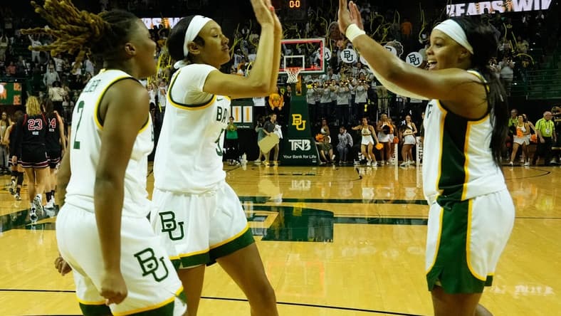 Nov 14, 2023; Waco, Texas, USA; Baylor Lady Bears guard Sarah Andrews (24) guard Darianna Littlepage-Buggs (5) and guard Yaya Felder (2) celebrate after defeating the Utah Utes at Ferrell Center. Mandatory Credit: Chris Jones-USA TODAY Sports