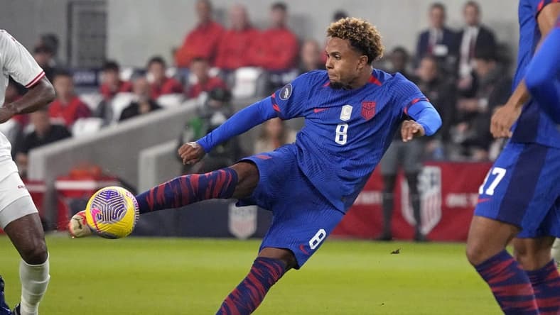 Nov 16, 2023; Austin, Texas, USA; U.S. Men's National team midfielder Weston McKennie (8) shoots on goal during the first half against Trinidad and Tobago in the Concacaf Quarterfinal at Q2 Stadium. Mandatory Credit: Scott Wachter-USA TODAY Sports