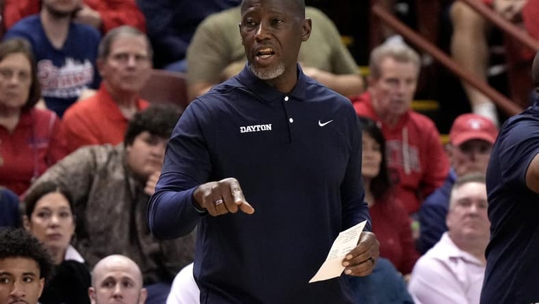 Nov 19, 2023; Charleston, SC, USA; Dayton Flyers head coach Anthony Grant talks to his players in the first half against the Houston Cougars at TD Arena. Mandatory Credit: David Yeazell-USA TODAY Sports
