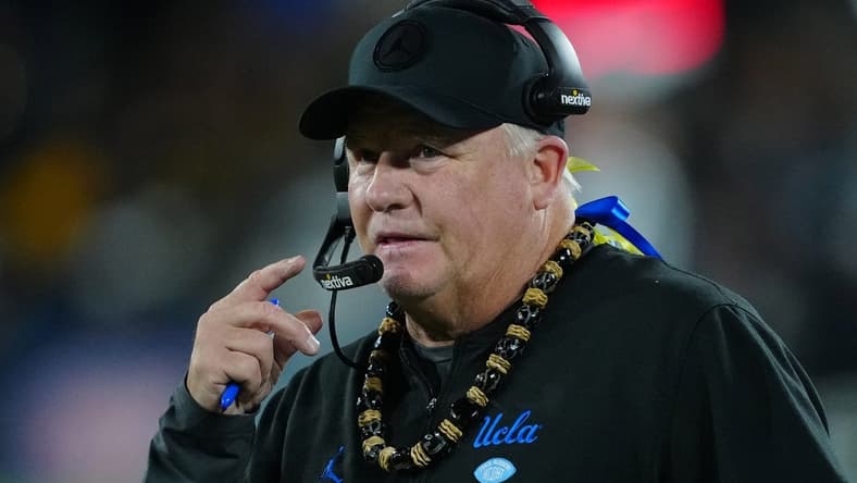 Nov 25, 2023; Pasadena, California, USA; UCLA Bruins head coach Chip Kelly watches from the sidelines in the fourth quarter against the California Golden Bears at Rose Bowl. Mandatory Credit: Kirby Lee-USA TODAY Sports
