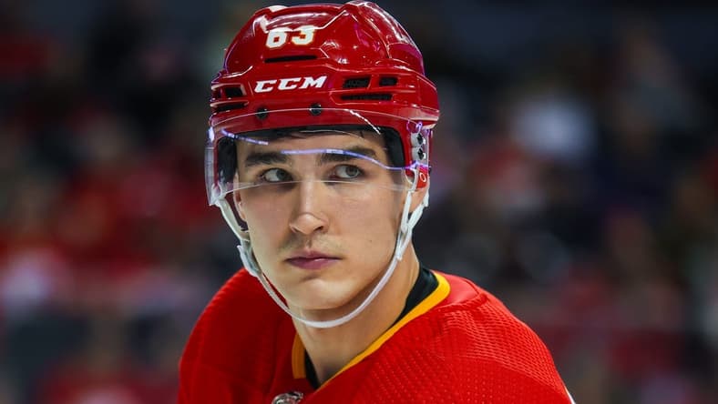 Nov 27, 2023; Calgary, Alberta, CAN; Calgary Flames center Adam Ruzicka (63) during the face off against the Vegas Golden Knights during the second period at Scotiabank Saddledome. Mandatory Credit: Sergei Belski-USA TODAY Sports