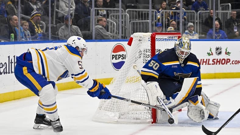 Nov 30, 2023; St. Louis, Missouri, USA; St. Louis Blues goaltender Jordan Binnington (50) defends the net against Buffalo Sabres left wing Jeff Skinner (53) during the third period at Enterprise Center. Mandatory Credit: Jeff Curry-USA TODAY Sports