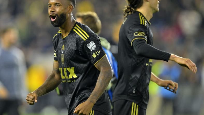 Dec 2, 2023; Los Angeles, California, USA; Los Angeles FC midfielder Kellyn Acosta (23) reacts after defeating the Houston Dynamo for the MLS Cup Western Conference Final at BMO Stadium. Mandatory Credit: Jayne Kamin-Oncea-USA TODAY Sports