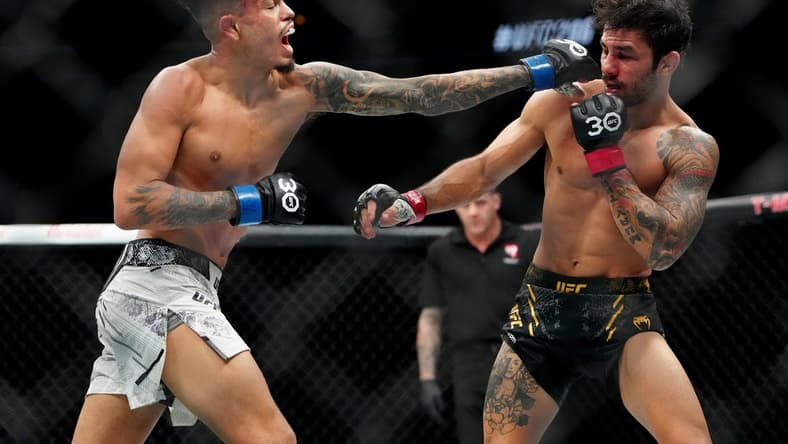 Dec 16, 2023; Las Vegas, Nevada, USA; Alexandre Pantoja (red gloves) fights Brandon Royval (blue gloves) during UFC 296 at T-Mobile Arena. Mandatory Credit: Stephen R. Sylvanie-USA TODAY Sports