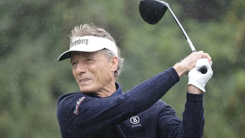 Dec 17, 2023; Orlando, Florida, USA;  Bernhard Langer plays his shot from the first tee during the PNC Championship at The Ritz-Carlton Golf Club. Mandatory Credit: Reinhold Matay-USA TODAY Sports