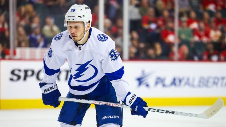 Dec 16, 2023; Calgary, Alberta, CAN; Tampa Bay Lightning defenseman Mikhail Sergachev (98) during the face off against the Calgary Flames during the third period at Scotiabank Saddledome. Mandatory Credit: Sergei Belski-USA TODAY Sports
