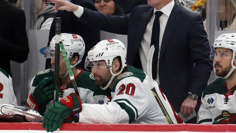 Dec 18, 2023; Pittsburgh, Pennsylvania, USA; Minnesota Wild head coach John Hynes gestures from the bench against the Pittsburgh Penguins during the third period at PPG Paints Arena. Pittsburgh won 4-3. Mandatory Credit: Charles LeClaire-USA TODAY Sports