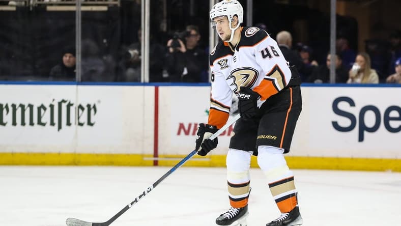 Dec 15, 2023; New York, New York, USA;  Anaheim Ducks defenseman Ilya Lyubushkin (46) at Madison Square Garden. Mandatory Credit: Wendell Cruz-USA TODAY Sports