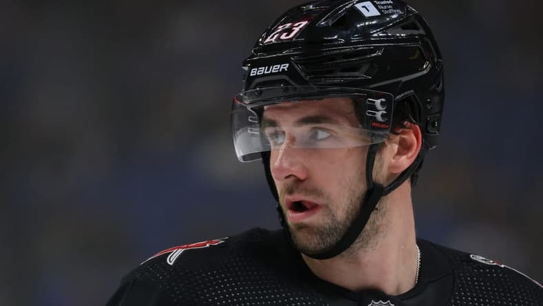 Dec 19, 2023; Buffalo, New York, USA;  Buffalo Sabres defenseman Mattias Samuelsson (23) during a stoppage in play against the Columbus Blue Jackets during the first period at KeyBank Center. Mandatory Credit: Timothy T. Ludwig-USA TODAY Sports
