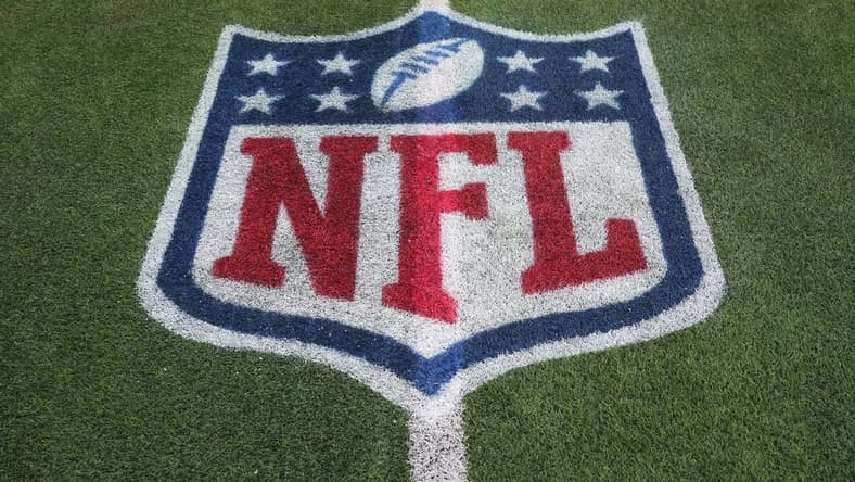 Dec 21, 2023; Inglewood, California, USA; The NFL shield lgo on the field at SoFi Stadium. Mandatory Credit: Kirby Lee-USA TODAY Sports