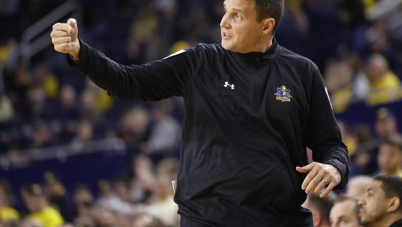 Dec 29, 2023; Ann Arbor, Michigan, USA;  McNeese State Cowboys head coach Will Wade coaches during the first half against the Michigan Wolverines at Crisler Center. Mandatory Credit: Rick Osentoski-USA TODAY Sports