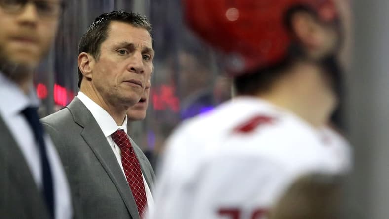 Jan 2, 2024; New York, New York, USA; Carolina Hurricanes head coach Rod Brind'Amour watches his team against the New York Rangers during the third period at Madison Square Garden. Mandatory Credit: Danny Wild-USA TODAY Sports