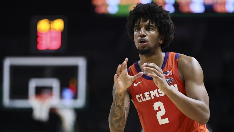 Jan 3, 2024; Coral Gables, Florida, USA; Clemson Tigers guard Dillon Hunter (2) looks on against the Miami Hurricanes during the second half at Watsco Center. Mandatory Credit: Sam Navarro-USA TODAY Sports