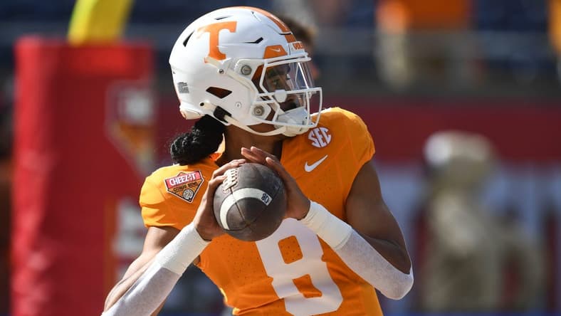 Tennessee quarterback Nico Iamaleava (8) warming up for the Citrus Bowl NCAA College football game on Monday, January 1, 2024 in Orlando, Fla.