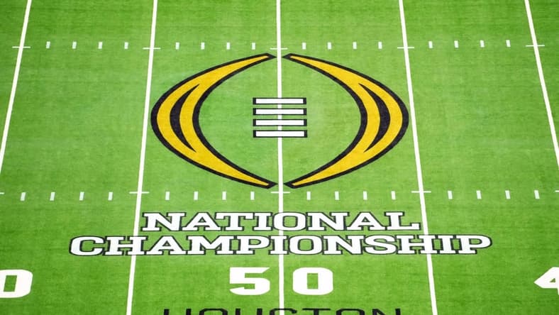 Jan 8, 2024; Houston, TX, USA; The 2024 CFP logo on the field before the 2024 College Football Playoff national championship game between the Michigan Wolverines and the Washington Huskies at NRG Stadium. Mandatory Credit: Kirby Lee-USA TODAY Sports