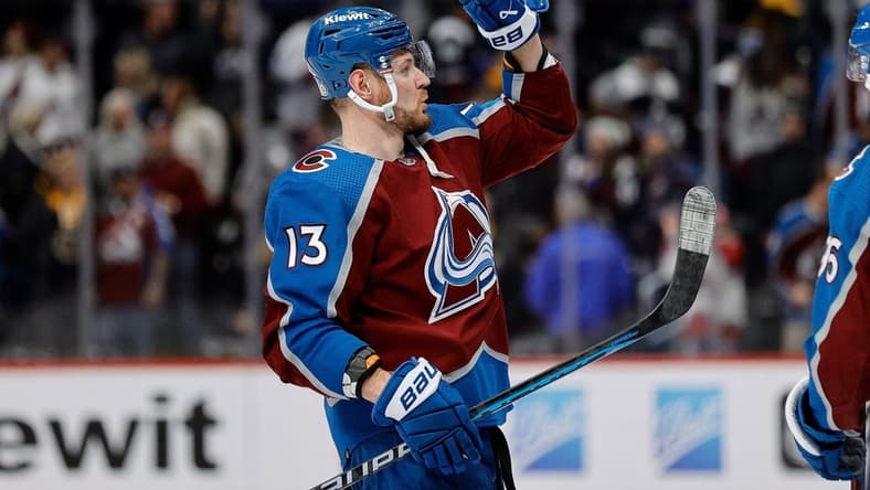 Jan 8, 2024; Denver, Colorado, USA; Colorado Avalanche right wing Valeri Nichushkin (13) celebrates after the game against the Boston Bruins at Ball Arena. Mandatory Credit: Isaiah J. Downing-USA TODAY Sports