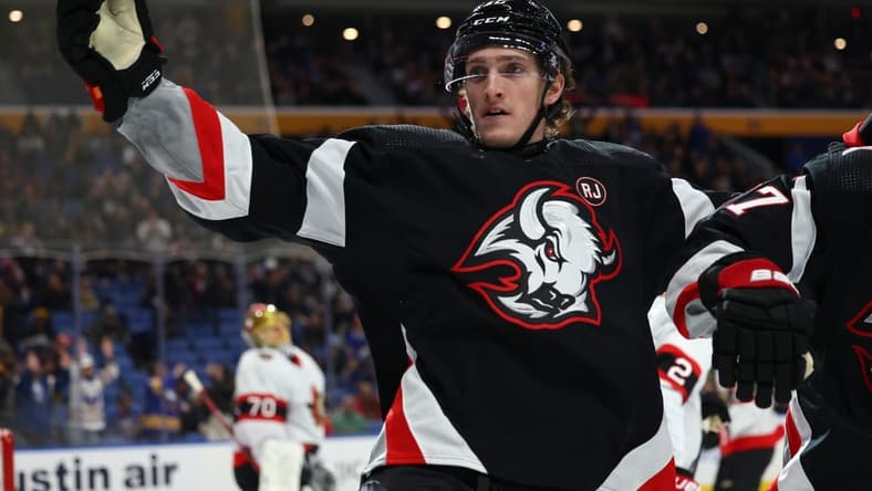 Jan 11, 2024; Buffalo, New York, USA; Buffalo Sabres right wing Tage Thompson (72) reacts after scoring a goal during the first period against the Ottawa Senators at KeyBank Center. Mandatory Credit: Timothy T. Ludwig-USA TODAY Sports