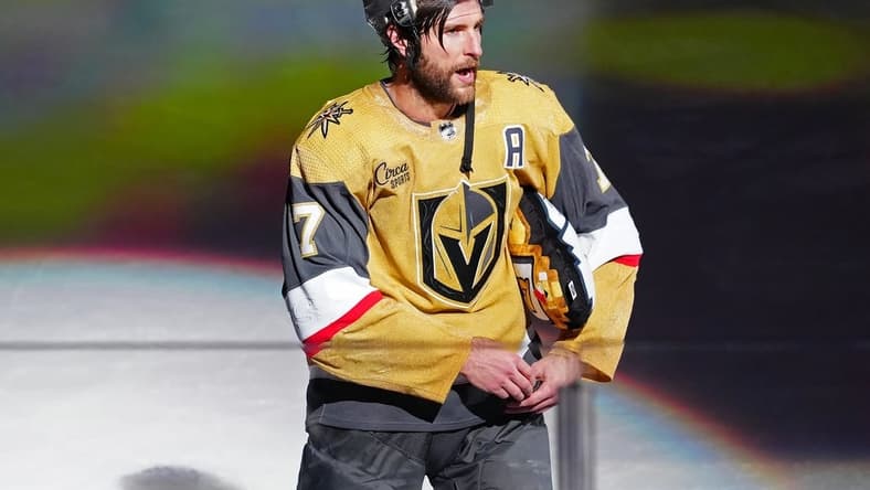 Jan 11, 2024; Las Vegas, Nevada, USA; Vegas Golden Knights defenseman Alex Pietrangelo (7) is named First Star of the Game after scoring the game winning goal against the Boston Bruins in overtime at T-Mobile Arena. Mandatory Credit: Stephen R. Sylvanie-USA TODAY Sports