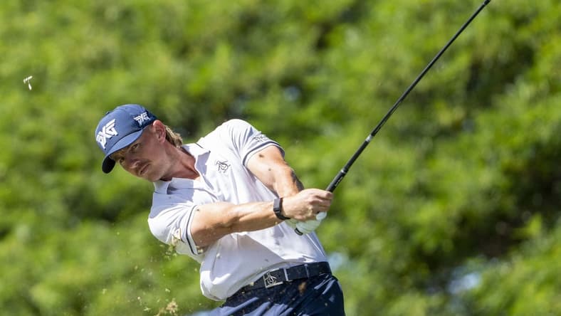 January 13, 2024; Honolulu, Hawaii, USA; Jake Knapp hits his tee shot on the second hole during the third round of the Sony Open in Hawaii golf tournament at Waialae Country Club. Mandatory Credit: Kyle Terada-USA TODAY Sports