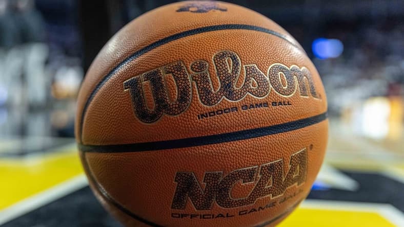 Jan 14, 2024; Wichita, Kansas, USA; A detail view of a WIlson basketball siting on the court during the game between the Wichita State Shockers and the Memphis Tigers at Charles Koch Arena. Mandatory Credit: William Purnell-USA TODAY Sports