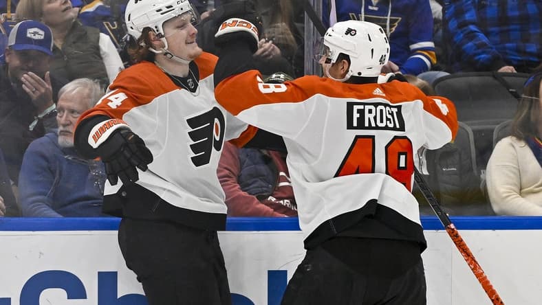 Jan 15, 2024; St. Louis, Missouri, USA; Philadelphia Flyers right wing Owen Tippett (74) celebrates with center Morgan Frost (48) after scoring the game winning goal against the St. Louis Blues during the third period at Enterprise Center. Mandatory Credit: Jeff Curry-USA TODAY Sports