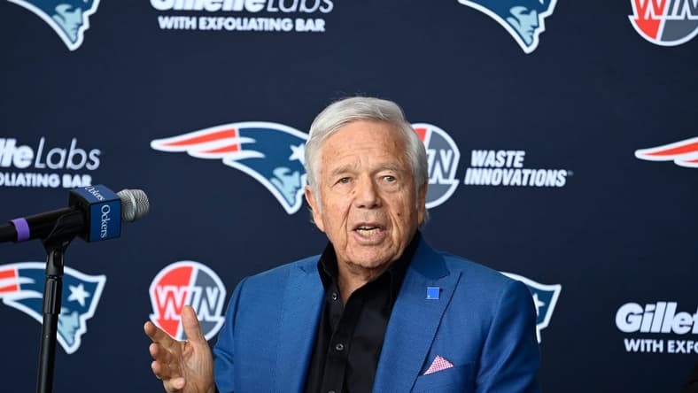 Jan 17, 2024; Foxborough, MA, USA; New England Patriots owner Robert Kraft addresses media at a press conference announcing the hiring of Jerod Mayo as the team's new head coach at Gillette Stadium. Mandatory Credit: Eric Canha-USA TODAY Sports