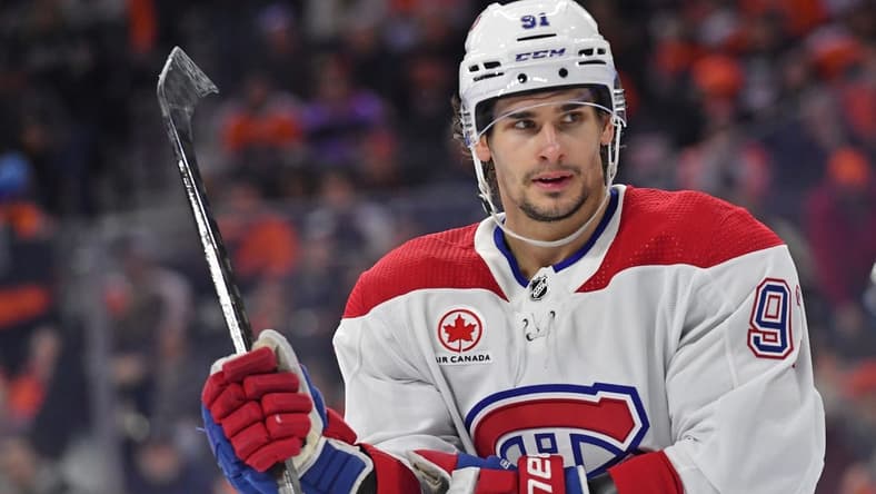 Jan 10, 2024; Philadelphia, Pennsylvania, USA; Montreal Canadiens center Sean Monahan (91) against the Philadelphia Flyers at Wells Fargo Center. Mandatory Credit: Eric Hartline-USA TODAY Sports