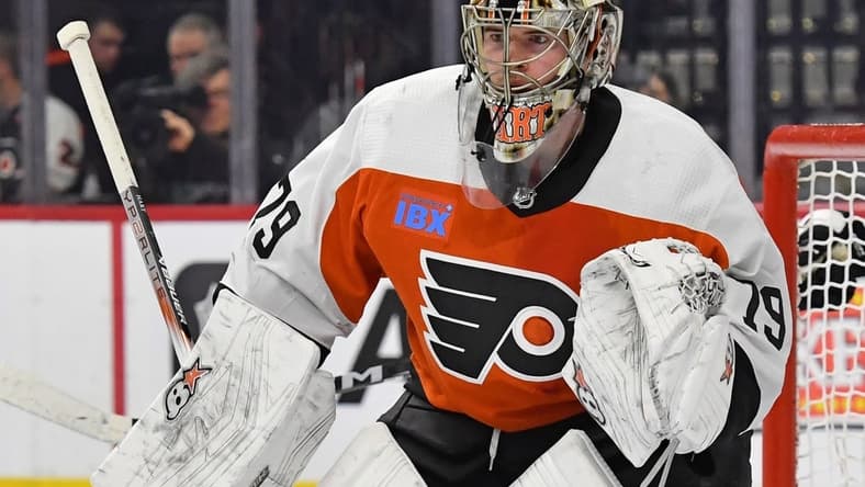 Jan 8, 2024; Philadelphia, Pennsylvania, USA; Philadelphia Flyers goaltender Carter Hart (79) against the Pittsburgh Penguins at Wells Fargo Center. Mandatory Credit: Eric Hartline-USA TODAY Sports