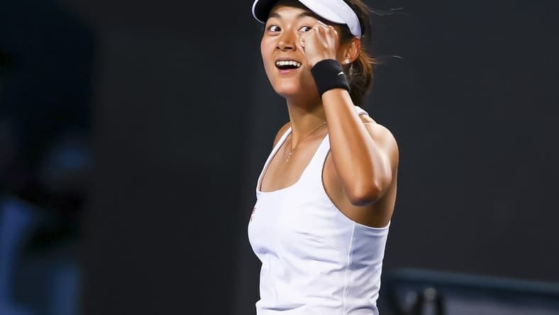 Jan 18, 2024; Melbourne, Victoria, Australia; Yafan Wang of China celebrates her win against Emma Raducanu (not pictured) of Great Britain in Round 2 of the Women's Singles on Day 5 of the Australian Open tennis at 1573 Arena. Mandatory Credit: Mike Frey-USA TODAY Sports