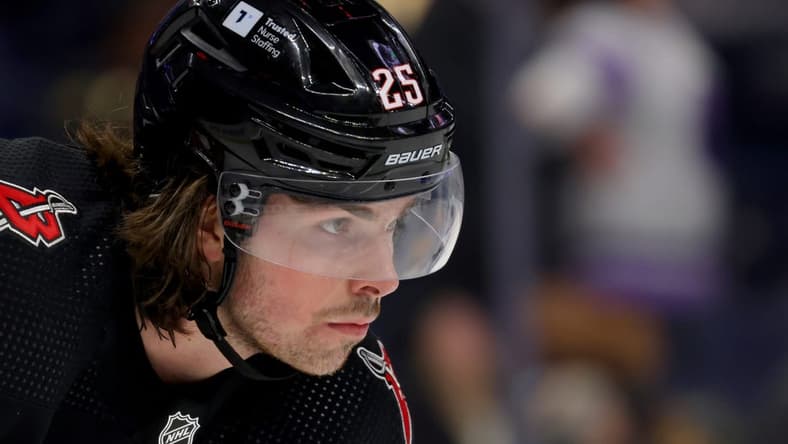 Jan 18, 2024; Buffalo, New York, USA; Buffalo Sabres defenseman Owen Power (25) waits for the face-off during the third period against the Chicago Blackhawks at KeyBank Center. Mandatory Credit: Timothy T. Ludwig-USA TODAY Sports
