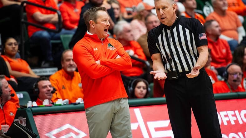 Colorado State's head coach Nico Medved talks with an offical during a game against UNLV at Moby Arena in Fort Collins, Colo., on Friday, Jan. 19, 2024.