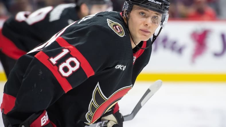 Jan 20, 2024; Ottawa, Ontario, CAN; Ottawa Senators center Tim Stutzle (18) lines up for a faceoff in the second period against the Winnipeg Jets at the Canadian Tire Centre. Mandatory Credit: Marc DesRosiers-USA TODAY Sports
