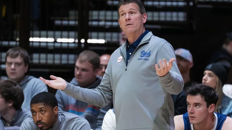 Jan 20, 2024; Laramie, Wyoming, USA; Nevada Wolf Pack head coach Steve Alford reacts against the Wyoming Cowboys during the first half at Arena-Auditorium. Mandatory Credit: Troy Babbitt-USA TODAY Sports