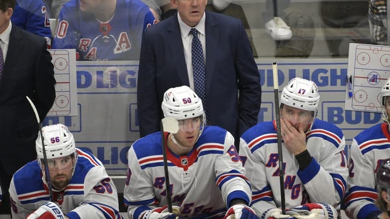 Jan 21, 2024; Anaheim, California, USA; New York Rangers head coach Peter Laviolette looks on from the bench in the second period against the Anaheim Ducks at Honda Center. Mandatory Credit: Jayne Kamin-Oncea-USA TODAY Sports