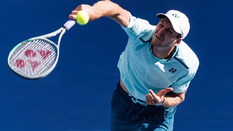 Jan 24, 2024; Melbourne, Victoria, Australia;
Hubert Hurkacz of Poland in action against Daniil Medvedev of Russia in the quarter final of the men s singles at the Australian Open.
Mandatory Credit: Mike Frey-USA TODAY Sports