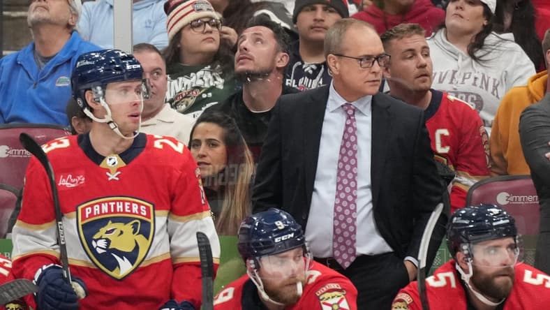 Jan 24, 2024; Sunrise, Florida, USA; Florida Panthers head coach Paul Maurice was recognized for coaching the second most games in NHL history during the first period at Amerant Bank Arena against the Arizona Coyotes. Mandatory Credit: Jim Rassol-USA TODAY Sports