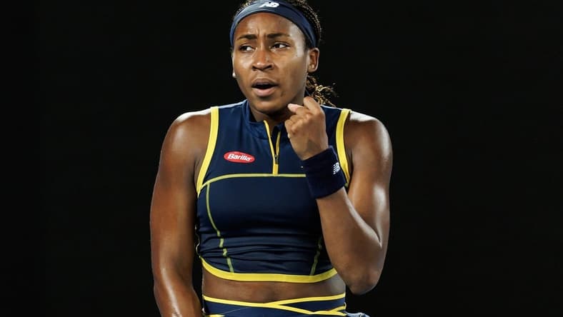 Jan 25, 2024; Melbourne, Victoria, Australia;
Coco Gauff of the United States celebrates against Aryna Sabalenka of Belarus in the semi-final of the women s singles at the Australian Open. Mandatory Credit: Mike Frey-USA TODAY Sports