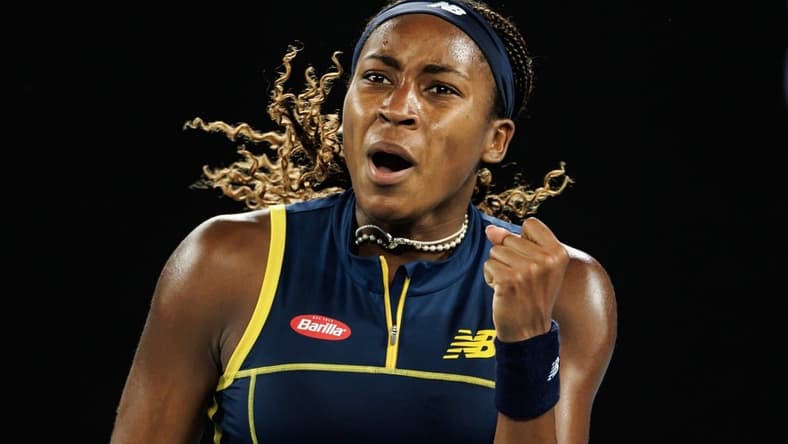 Jan 25, 2024; Melbourne, Victoria, Australia;
Coco Gauff of the United States celebrates against Aryna Sabalenka of Belarus in the semi-final of the women s singles at the Australian Open. Mandatory Credit: Mike Frey-USA TODAY Sports