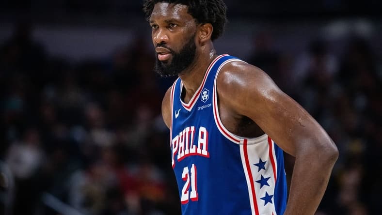 Jan 25, 2024; Indianapolis, Indiana, USA; Philadelphia 76ers center Joel Embiid (21) looks on in the first half against the Indiana Pacers at Gainbridge Fieldhouse. Mandatory Credit: Trevor Ruszkowski-USA TODAY Sports