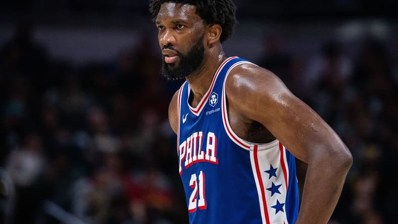 Jan 25, 2024; Indianapolis, Indiana, USA; Philadelphia 76ers center Joel Embiid (21) looks on in the first half against the Indiana Pacers at Gainbridge Fieldhouse. Mandatory Credit: Trevor Ruszkowski-USA TODAY Sports