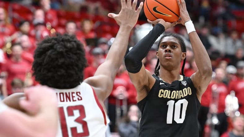 Jan 27, 2024; Pullman, Washington, USA; Colorado Buffaloes forward Cody Williams (10) shoots the ball against Washington State Cougars forward Isaac Jones (13) in the first half at Friel Court at Beasley Coliseum. Mandatory Credit: James Snook-USA TODAY Sports