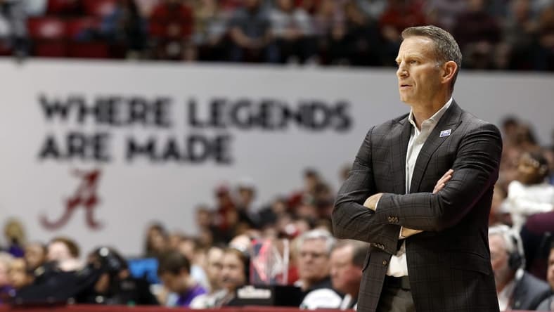 Jan 27, 2024; Tuscaloosa, Alabama, USA; Alabama Crimson Tide head coach Nate Oats watches during the first half against the LSU Tigers at Coleman Coliseum. Mandatory Credit: Butch Dill-USA TODAY Sports