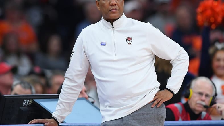 Jan 27, 2024; Syracuse, New York, USA; North Carolina State Wolfpack head coach Kevin Keatts looks on against the Syracuse Orange during the second half at the JMA Wireless Dome. Mandatory Credit: Rich Barnes-USA TODAY Sports