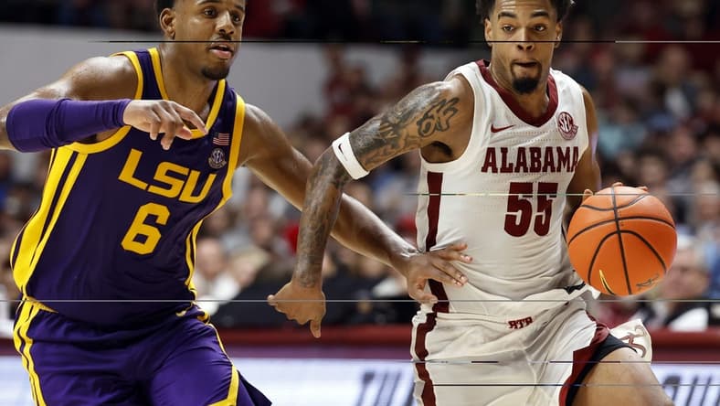 Jan 27, 2024; Tuscaloosa, Alabama, USA;  Alabama Crimson Tide guard Aaron Estrada (55) dribbles around LSU Tigers guard Jordan Wright (6) during the second half at Coleman Coliseum. Mandatory Credit: Butch Dill-USA TODAY Sports