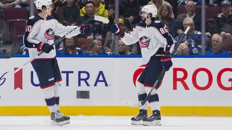 Jan 27, 2024; Vancouver, British Columbia, CAN; Columbus Blue Jackets forward Dmitri Voronkov (10) and forward Kirill Marchenko (86) celebrate Marchenko s goal against the Vancouver Canucks in the second period at Rogers Arena. Mandatory Credit: Bob Frid-USA TODAY Sports