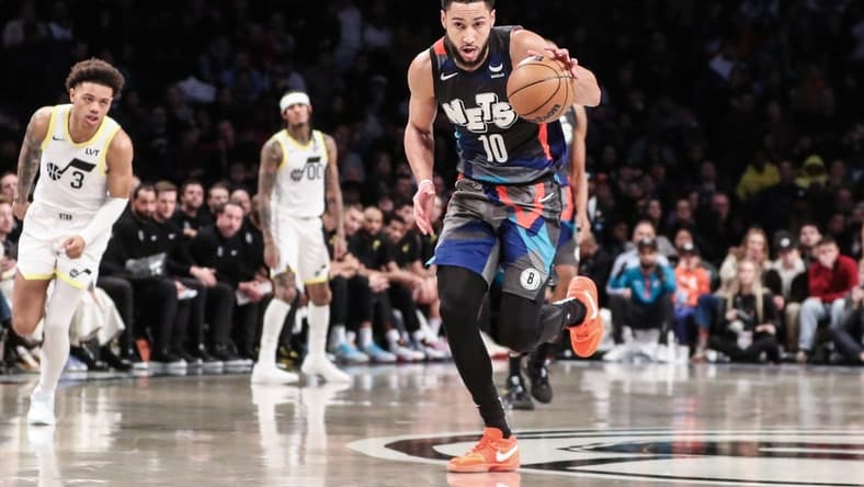 Jan 29, 2024; Brooklyn, New York, USA; Brooklyn Nets guard Ben Simmons (10) brings the ball up court in the third quarter against the Utah Jazz at Barclays Center. Mandatory Credit: Wendell Cruz-USA TODAY Sports