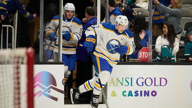 Jan 27, 2024; San Jose, California, USA; Buffalo Sabres left wing Jeff Skinner (53) steps onto the ice for warmups before the game between the San Jose Sharks and the Buffalo Sabres at SAP Center at San Jose. Mandatory Credit: Robert Edwards-USA TODAY Sports