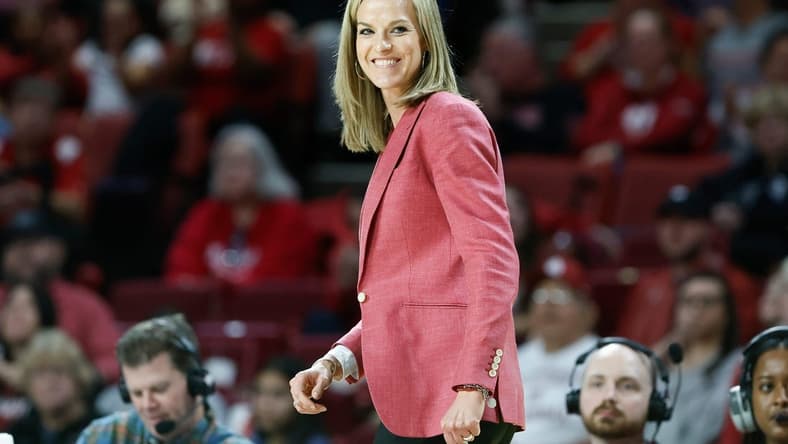 Oklahoma Sooners head coach Jennie Baranczyk smiles during the second half of an NCAA Women's Basketball game between the Oklahoma Sooners and UCF Knights at Lloyd Noble Center in Norman, Okla., Saturday, Dec. 30, 2023. Oklahoma won 69-52.
