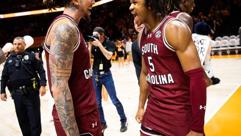 South Carolina guard Myles Stute (10) and South Carolina guard Meechie Johnson (5) celebrate their win after a basketball game between Tennessee and South Carolina held at Thompson-Boling Arena at Food City Center on Tuesday, January 30, 2024.